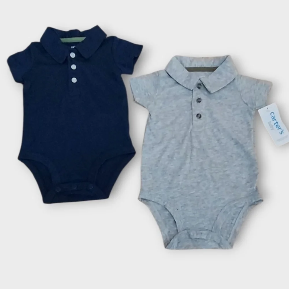 NWT Carter's Baby 2 Pc  Navy & Gray Polo Bodysuits ~sz 6 M